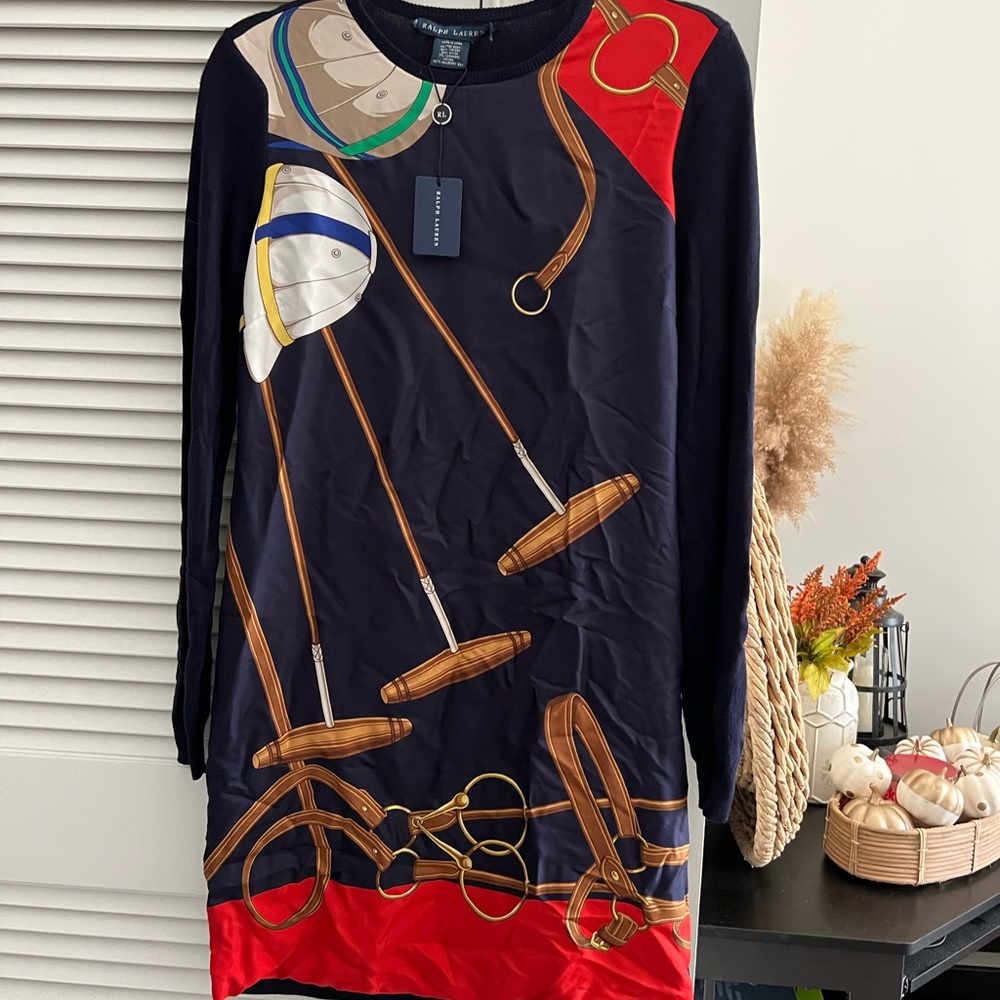 Ralph Lauren Blue Label navy silk/sweater dress Sz Medium NEW RL Collection Rare